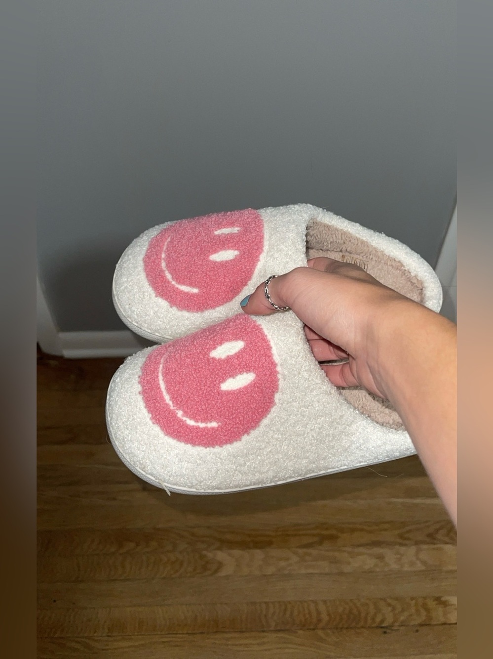 Amazon Women's White Plush Slippers with Pink Smiley Face